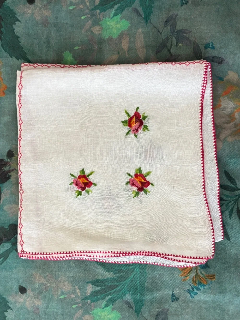 Vintage Linen Cross Stitched Roses Tablecloth 33 1/2 x34